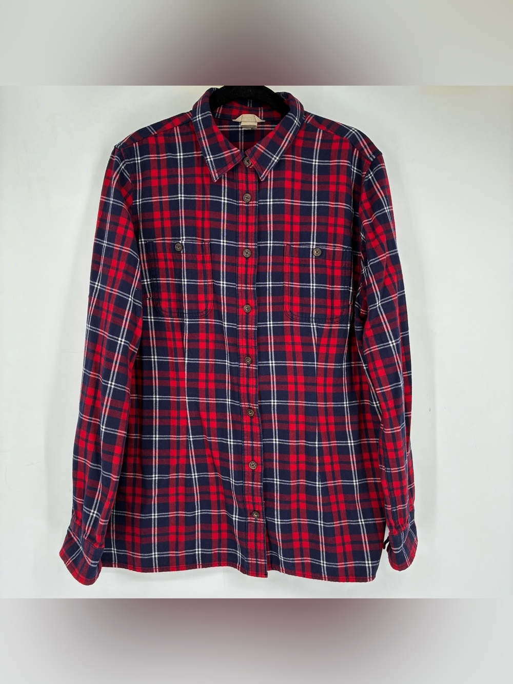 Duluth Trading Shirt Womens Large Free Swingin Flannel Plaid Button Up Red Green